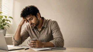 Man experiencing post-viral fatigue resting his head on his hand at a desk with coffee and laptop